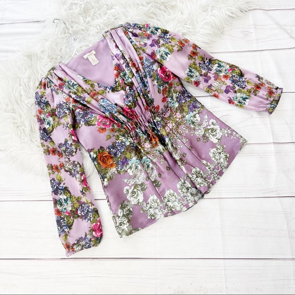 Sundance Women's Silk Floral Purle Blouse with Elastic Ruching at Waist‎ Size XS